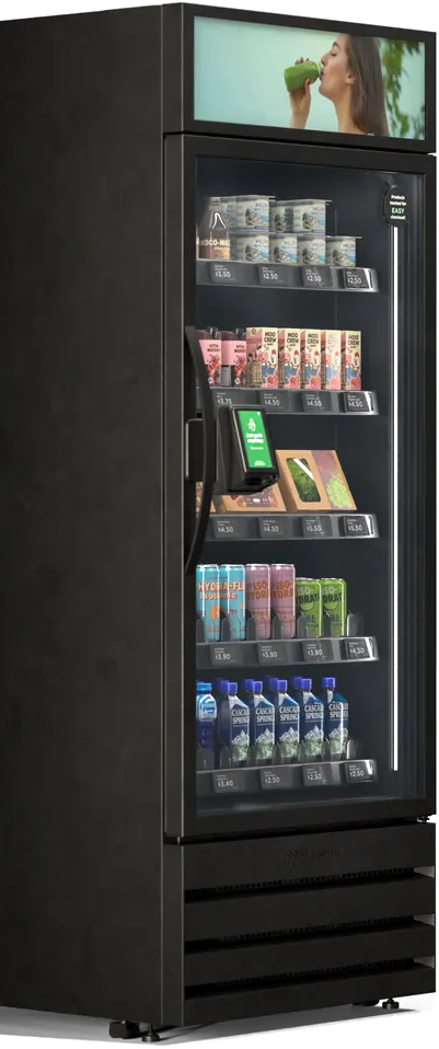 Smart cooler stocked with cold drinks and snacks