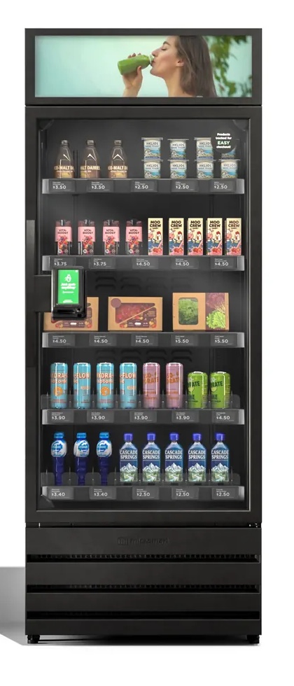 Smart cooler with digital price tags stocked with cold drinks and snacks