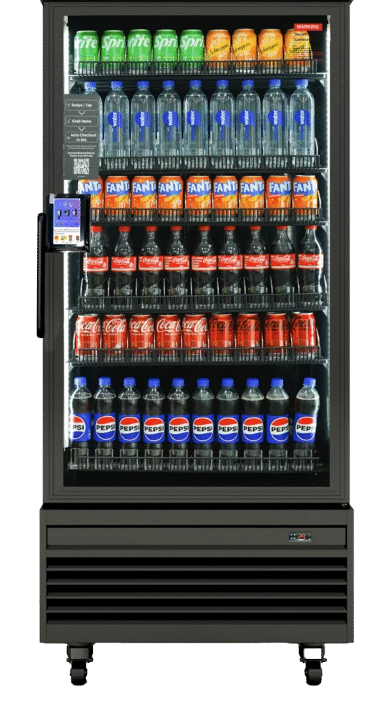 Glass-front drink cooler stocked with beverages